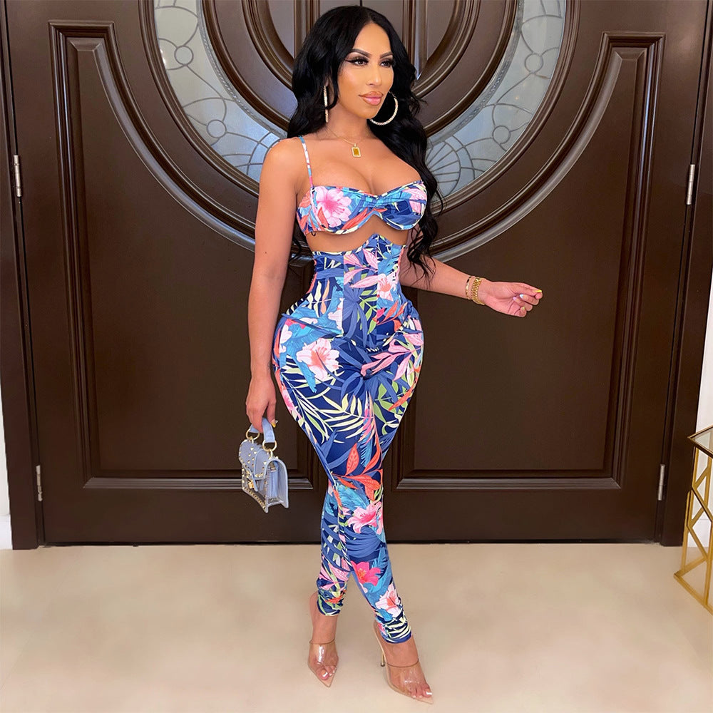 Two-Piece Sexy High-Waisted Trousers With Printed Suspenders