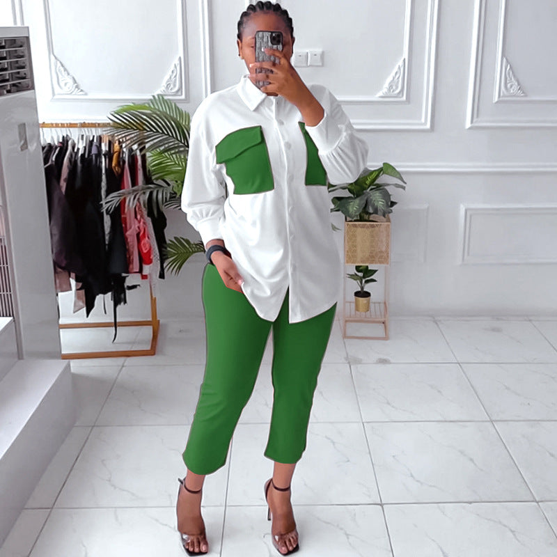 Two Piece Solid Color Shirt Trousers Commuter Suit