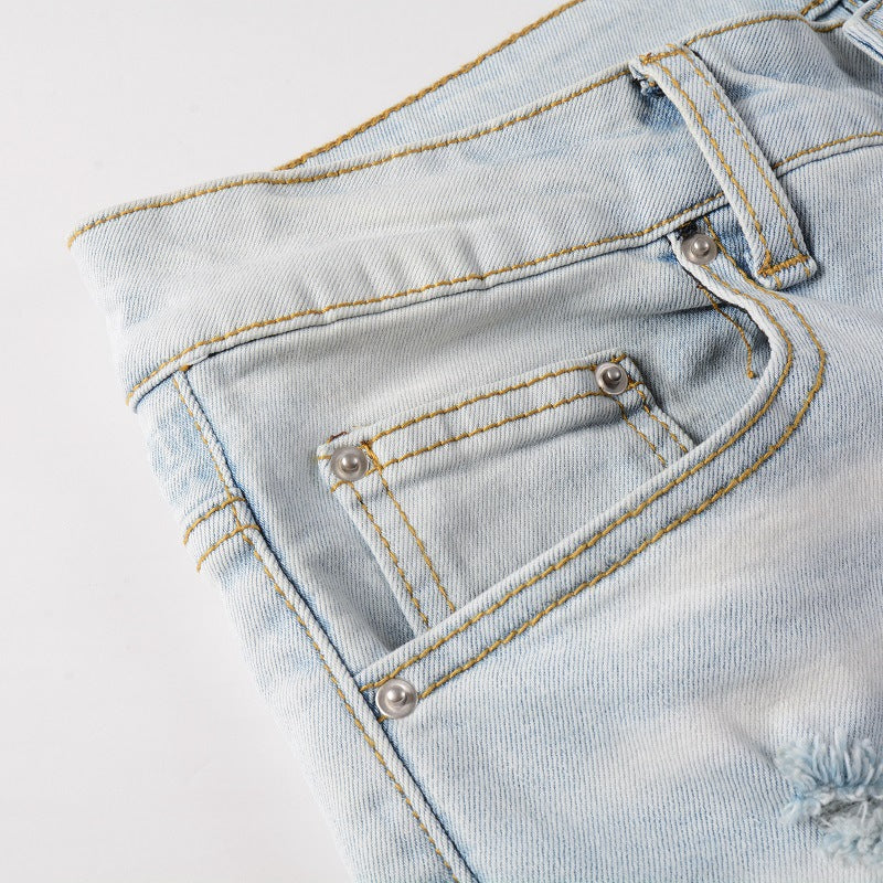 High Street Fashionable Light Blue Broken Hole Jeans
