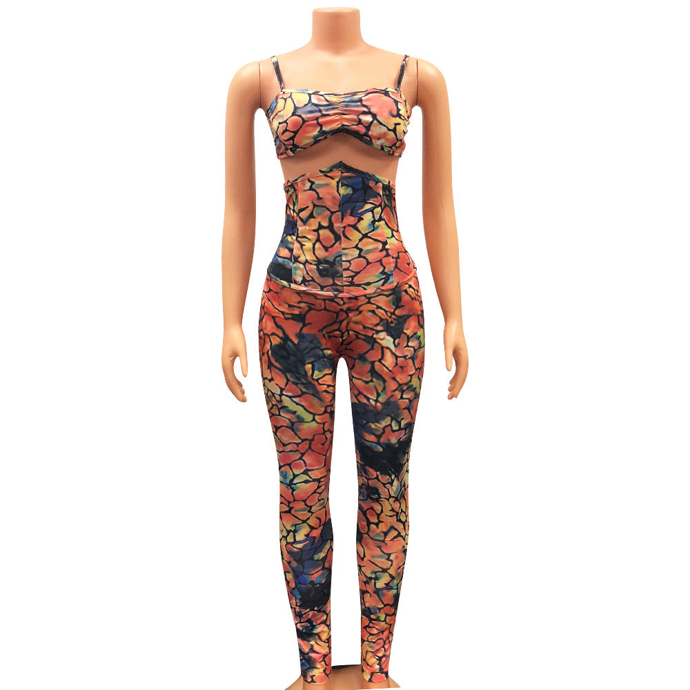 Two-Piece Sexy High-Waisted Trousers With Printed Suspenders