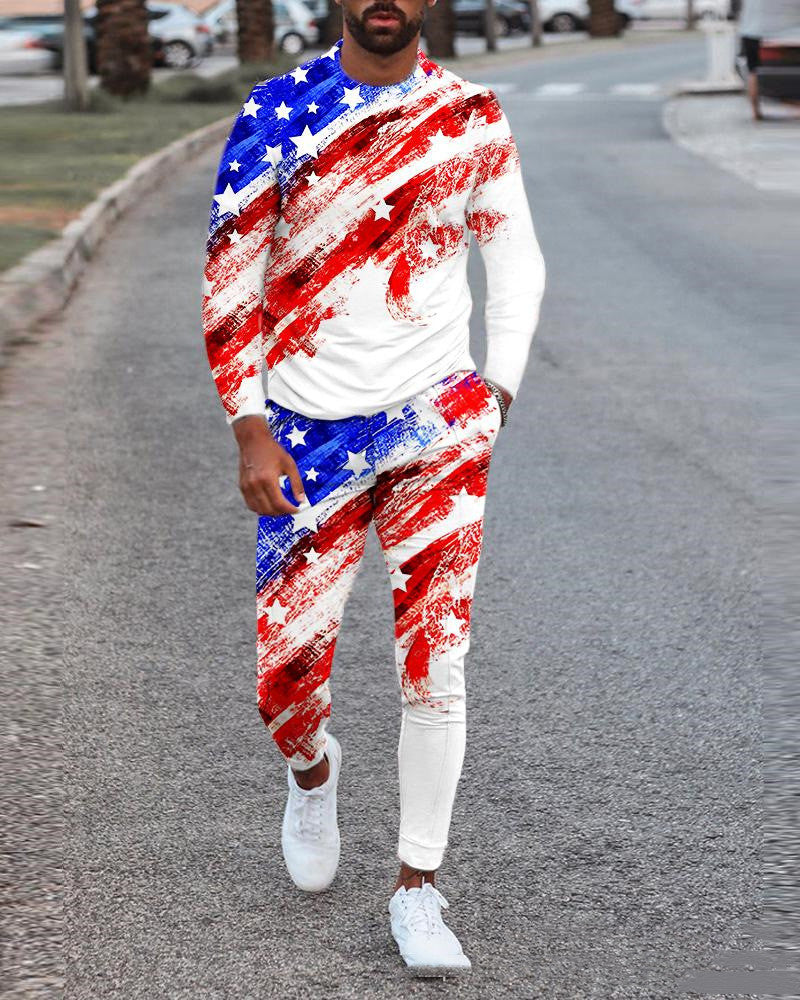 New Men's Round Neck Long Sleeve Sports Loose Two Piece Set