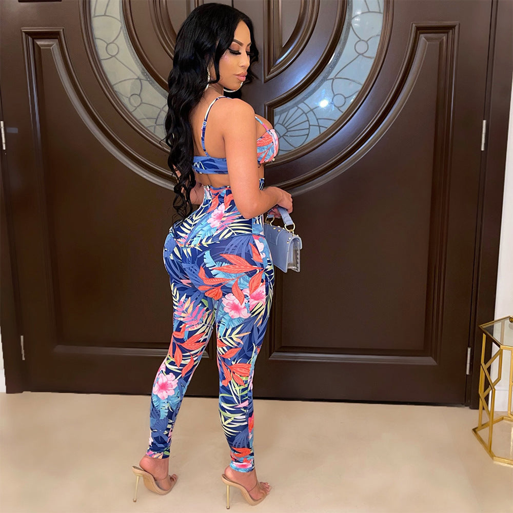 Two-Piece Sexy High-Waisted Trousers With Printed Suspenders
