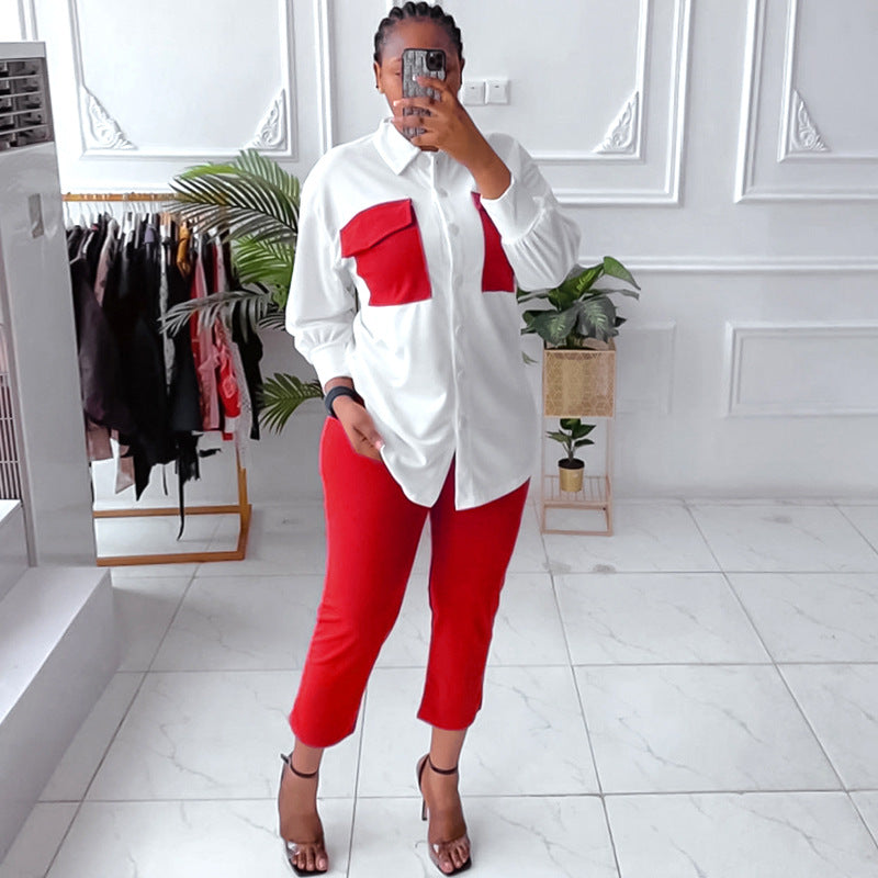 Two Piece Solid Color Shirt Trousers Commuter Suit