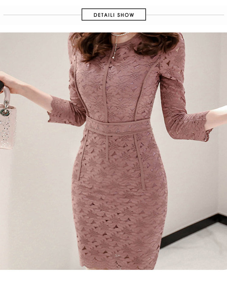 Temperament Waist Three-Quarter Sleeve Lace Dress Women