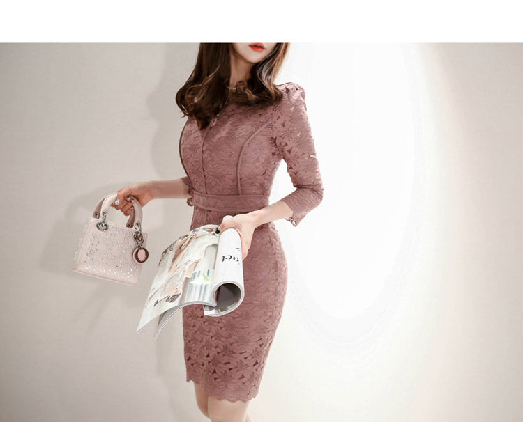 Temperament Waist Three-Quarter Sleeve Lace Dress Women