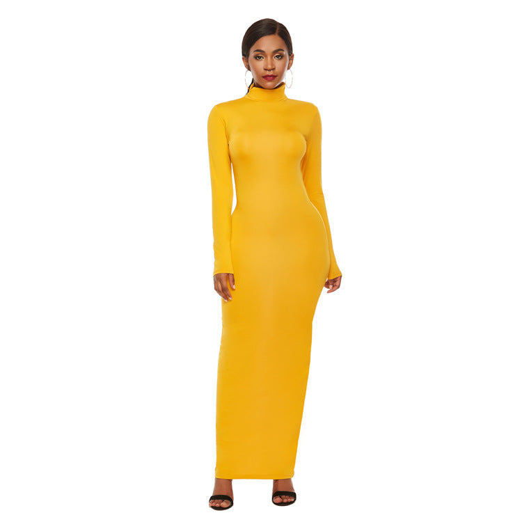 European And American Fashion Solid Color Long Dress Long Sleeve Stretch Slim High Neck Dress