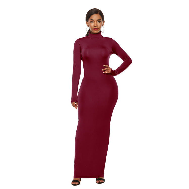 European And American Fashion Solid Color Long Dress Long Sleeve Stretch Slim High Neck Dress