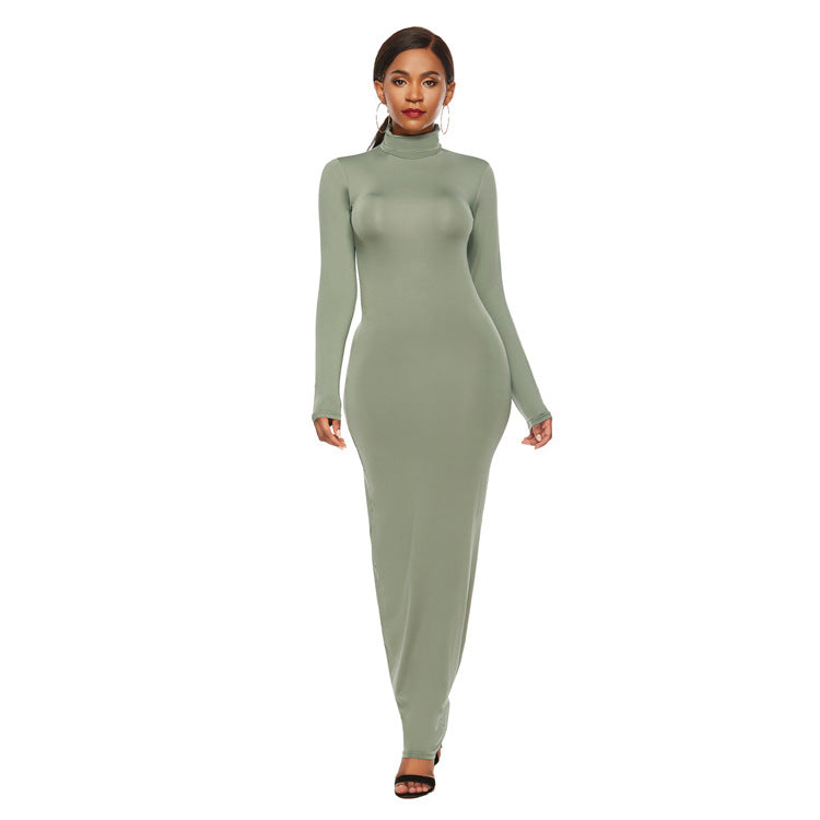 European And American Fashion Solid Color Long Dress Long Sleeve Stretch Slim High Neck Dress