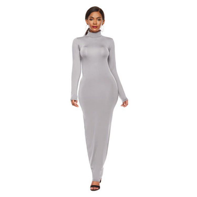 European And American Fashion Solid Color Long Dress Long Sleeve Stretch Slim High Neck Dress