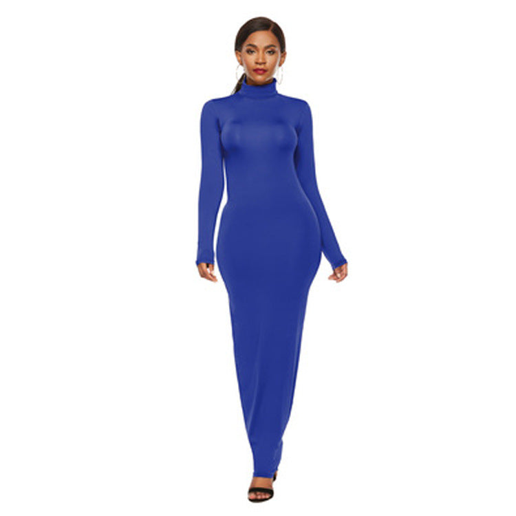 European And American Fashion Solid Color Long Dress Long Sleeve Stretch Slim High Neck Dress