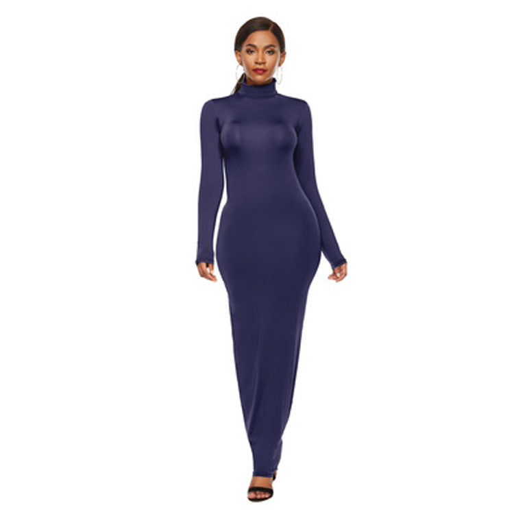 European And American Fashion Solid Color Long Dress Long Sleeve Stretch Slim High Neck Dress