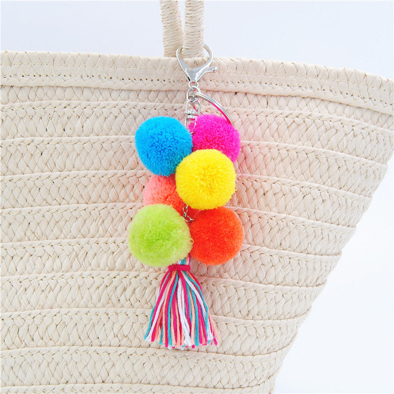 Colored Feather Ball Feather Wooden Bead Tassel Pure Handmade Key Chain