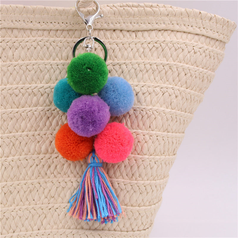 Colored Feather Ball Feather Wooden Bead Tassel Pure Handmade Key Chain