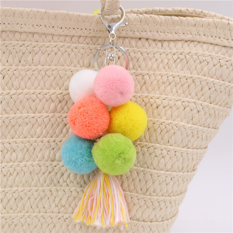 Colored Feather Ball Feather Wooden Bead Tassel Pure Handmade Key Chain