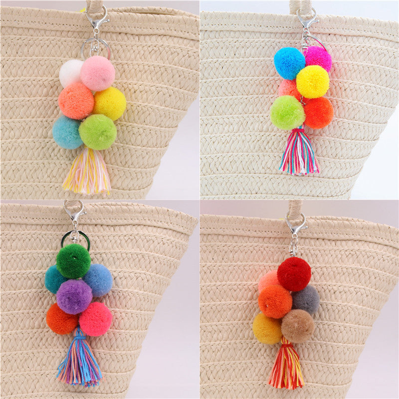 Colored Feather Ball Feather Wooden Bead Tassel Pure Handmade Key Chain