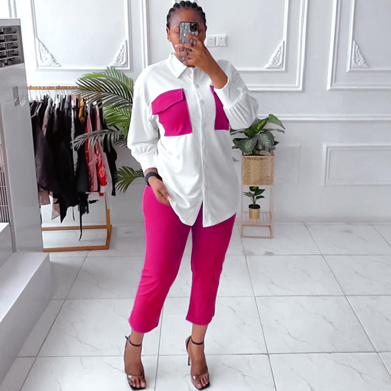 Two Piece Solid Color Shirt Trousers Commuter Suit