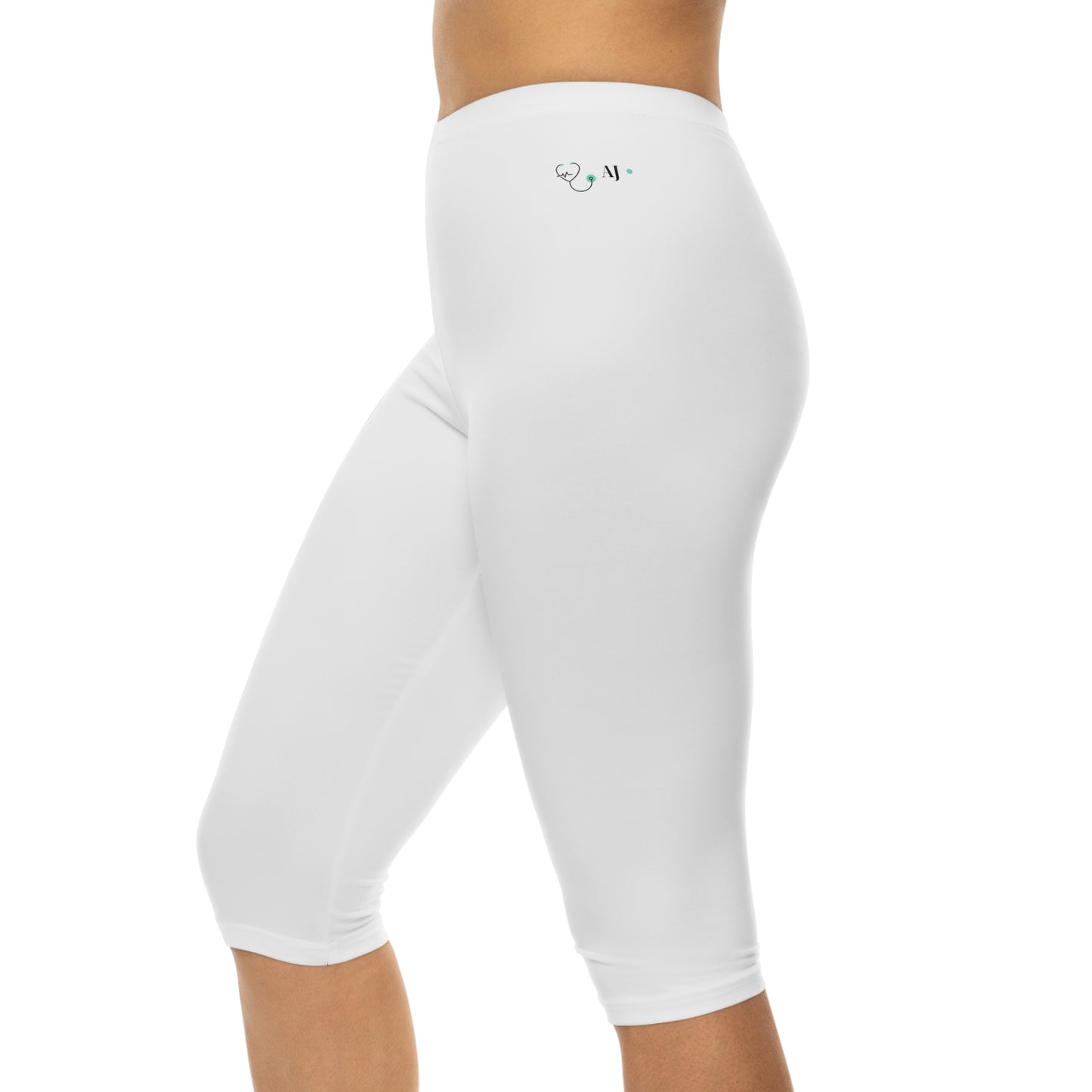 Capri Leggings — Minimal White Women’s Athletic Capri with Subtle Heart Accent For Miss Joki
