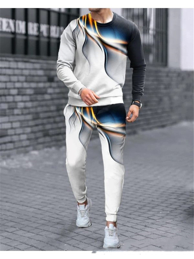 New Men's Round Neck Long Sleeve Sports Loose Two Piece Set