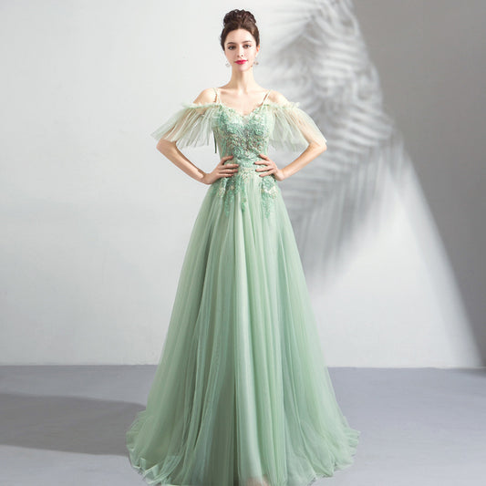 Off-the-shoulder Mint Green Bridal Wedding Dinner Annual Party Dress