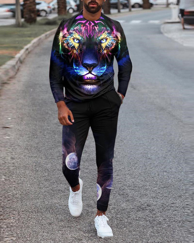 New Men's Round Neck Long Sleeve Sports Loose Two Piece Set