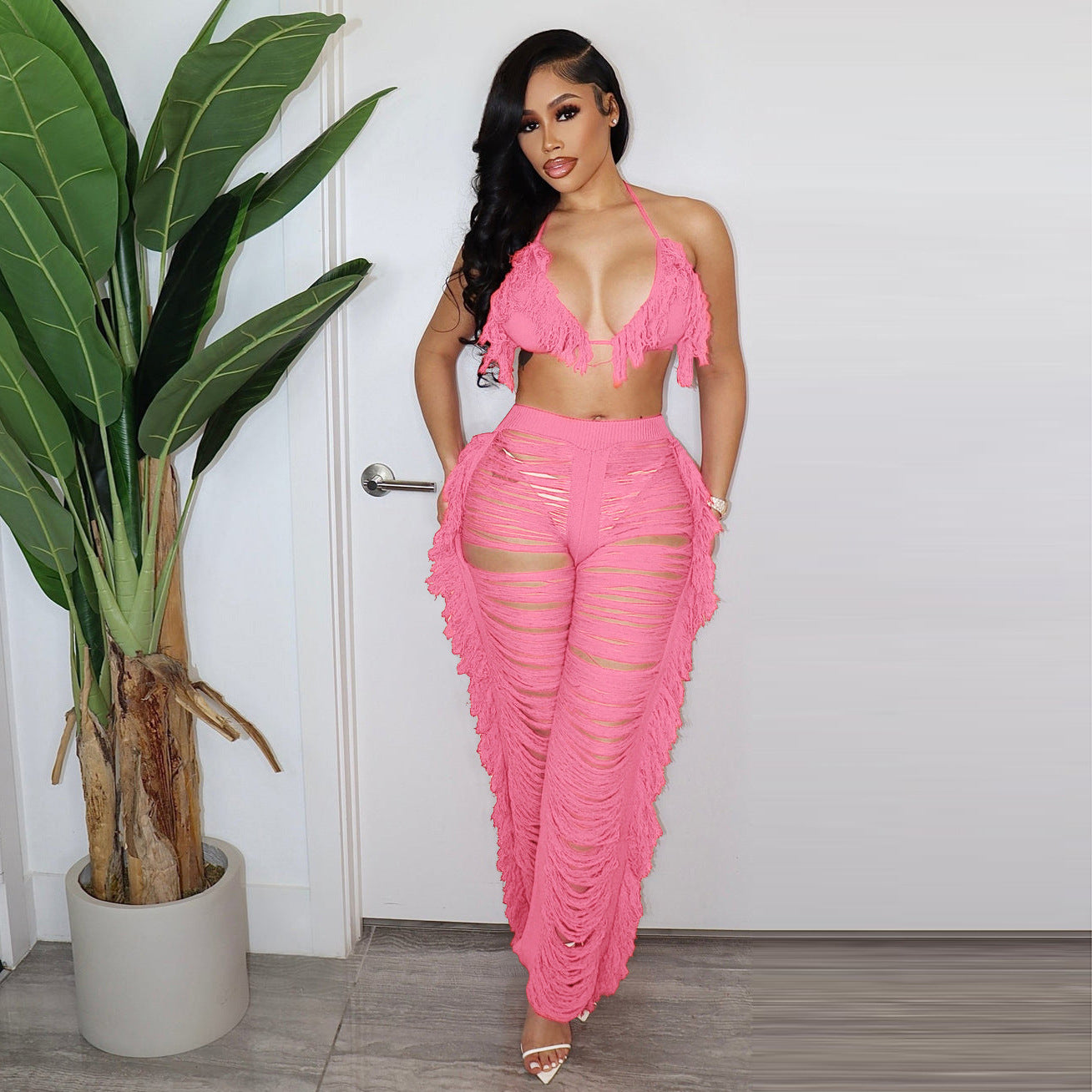 Solid Color Sexy Halter Knit Pants Suit