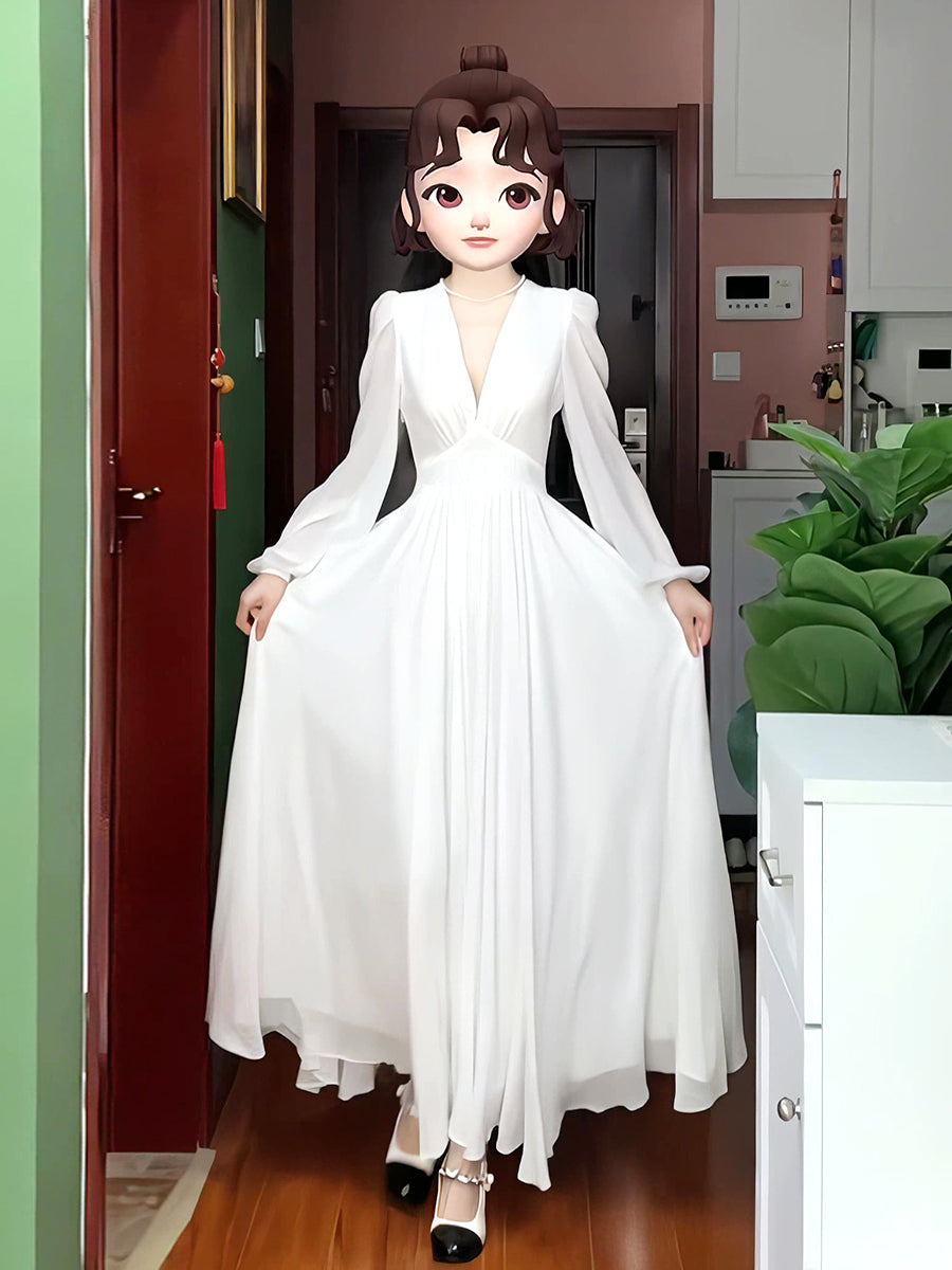 French Court Retro Style White Dress