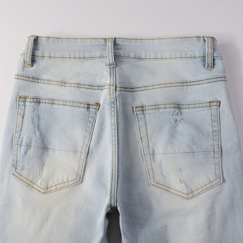 High Street Fashionable Light Blue Broken Hole Jeans