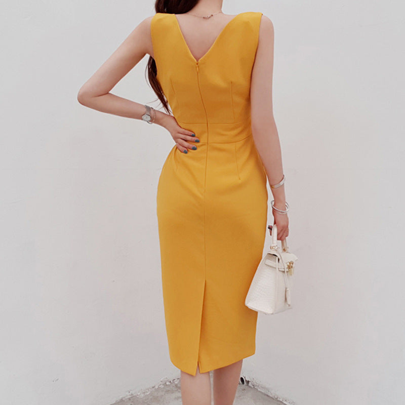 Women's Slim Waist Waist And Thin Wrapped Hip Slit Dress