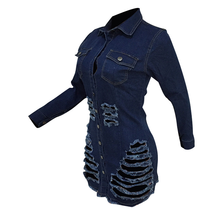 Shredded denim dress denim casual dress