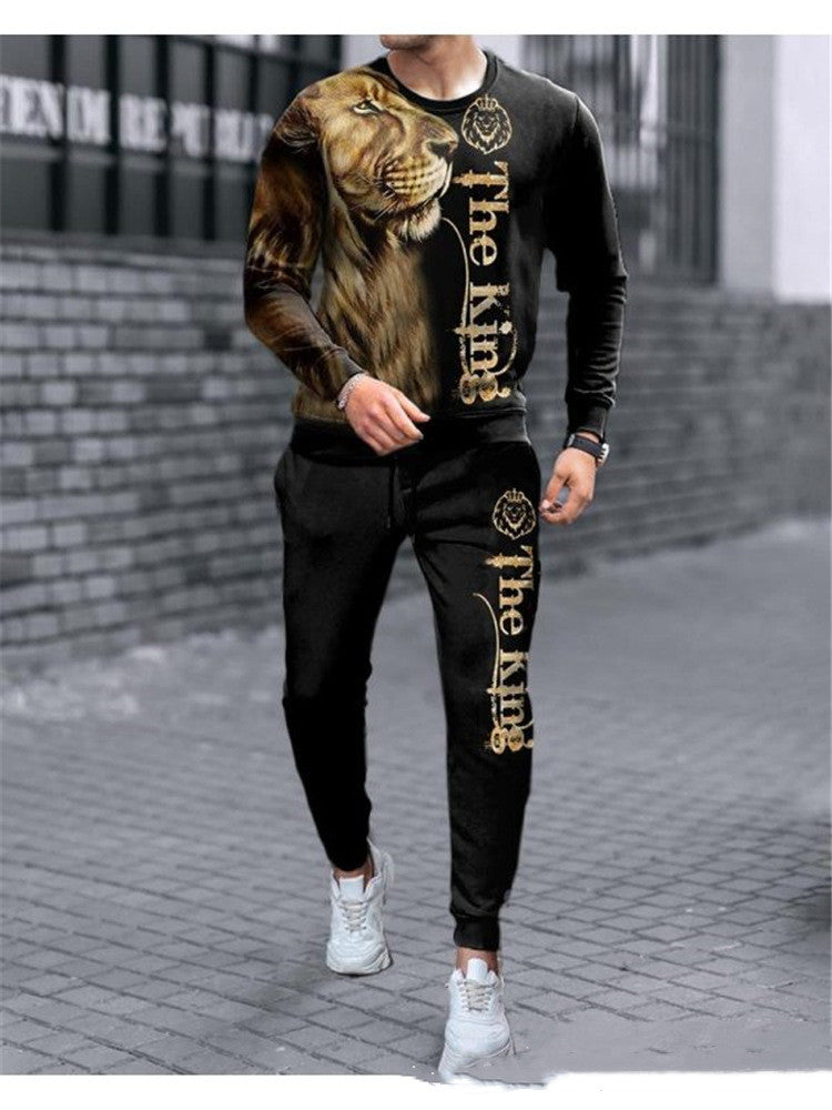 New Men's Round Neck Long Sleeve Sports Loose Two Piece Set