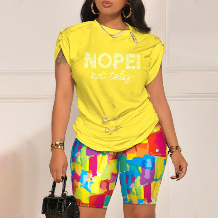 00 Ladies Letter Print Short Sleeve Top Shorts Set