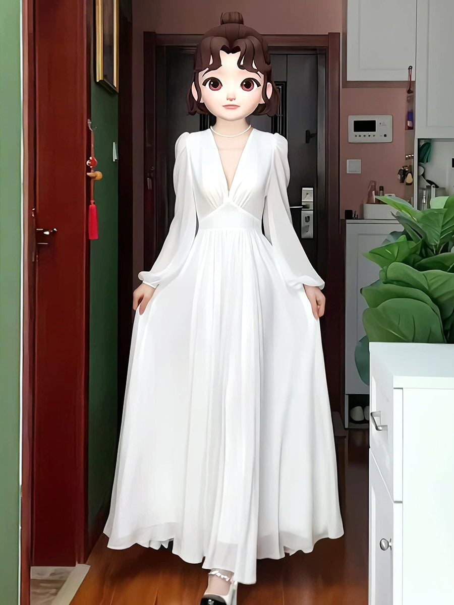 French Court Retro Style White Dress