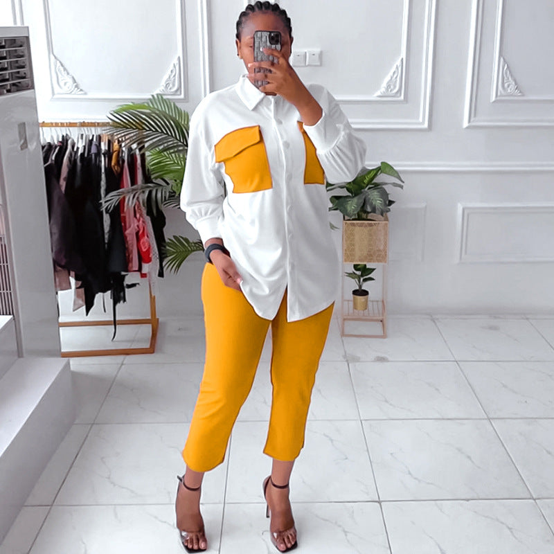 Two Piece Solid Color Shirt Trousers Commuter Suit