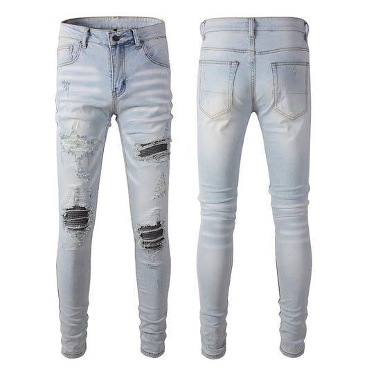 High Street Fashionable Light Blue Broken Hole Jeans