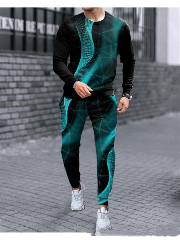 New Men's Round Neck Long Sleeve Sports Loose Two Piece Set