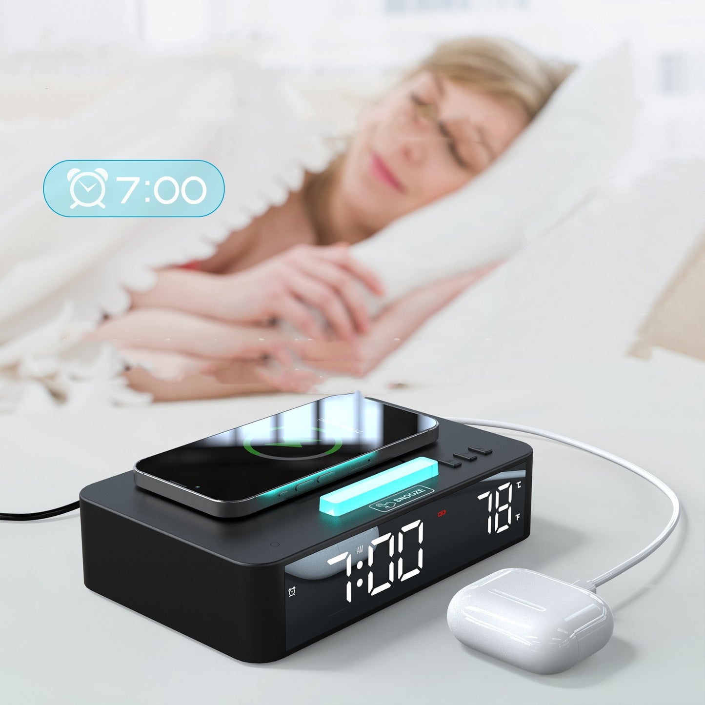 One Click Lifting And Lowering Of 10W Wireless Charging Alarm Clock