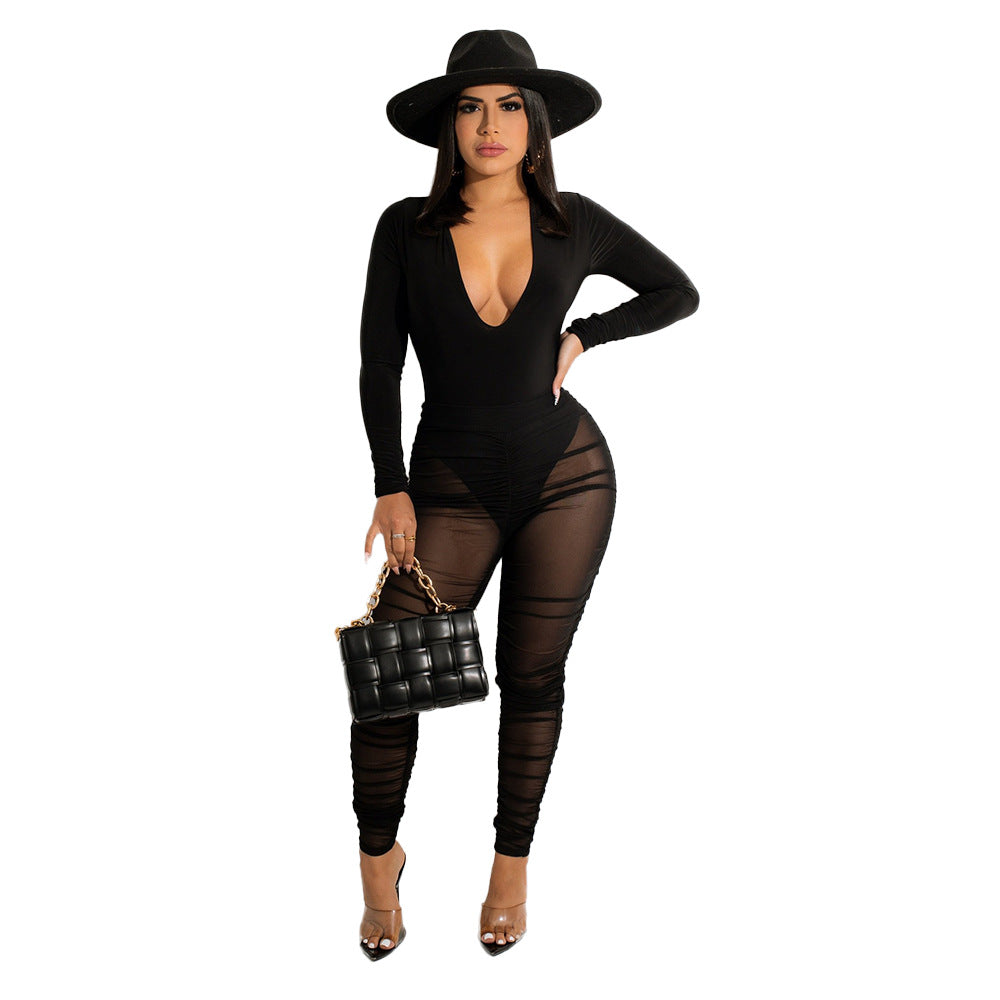 Sexy V-Neck Tight-Fitting Pleated Mesh Long-Sleeved Two-Piece Suit