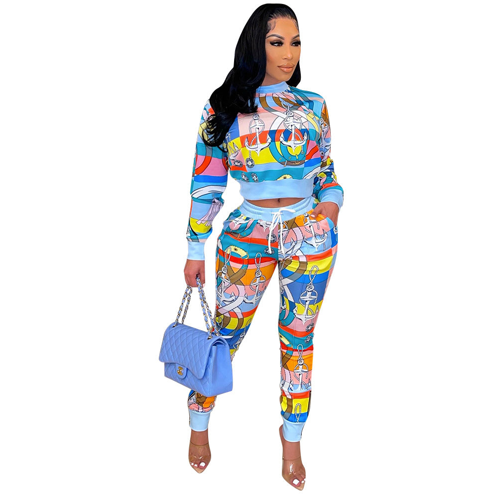 Fashion Casual Printed Long Sleeve Two Piece Suit