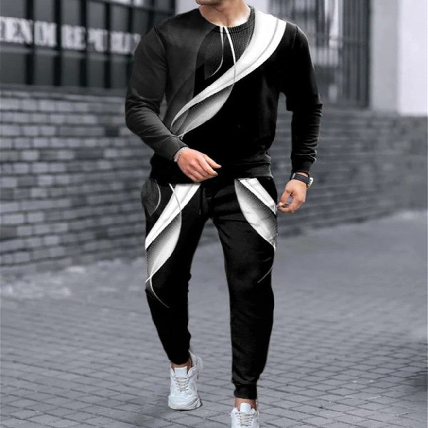 New Men's Round Neck Long Sleeve Sports Loose Two Piece Set