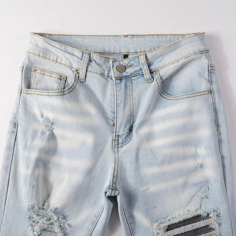 High Street Fashionable Light Blue Broken Hole Jeans