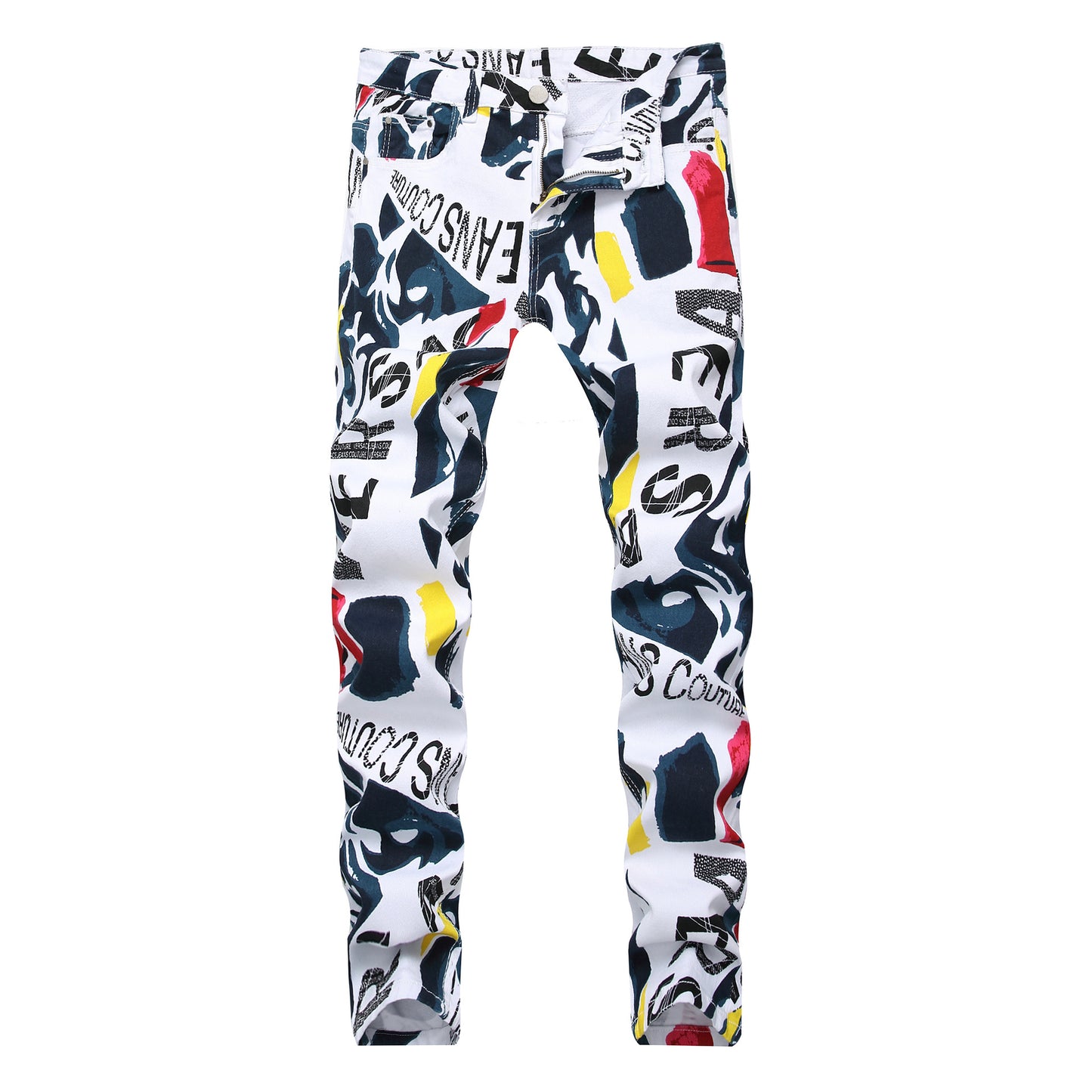 Men's White Printed Stretch Casual Jeans