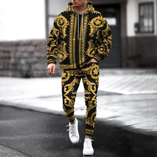 Men's Printed Hooded Pullover Sweatshirt Pants Set