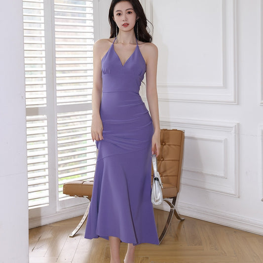 Women's Fashion Hanging Neck V-neck Halter Fishtail Long Dress