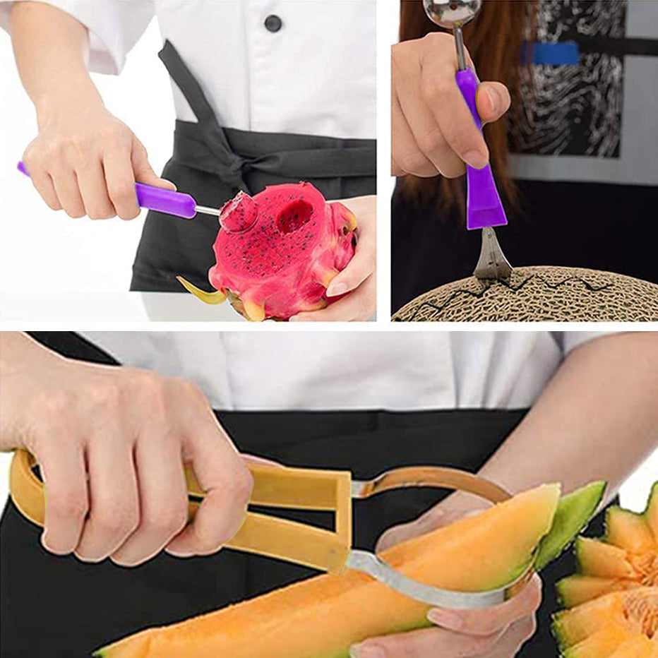 Professional 4 In 1 Stainless Steel Watermelon Cutter Fruit Carving Tools Set,Fruit Scooper Seed Remover Watermelon Knife For Dig Pulp Separator Fruit Slicer, Melon Baller Scoop Set