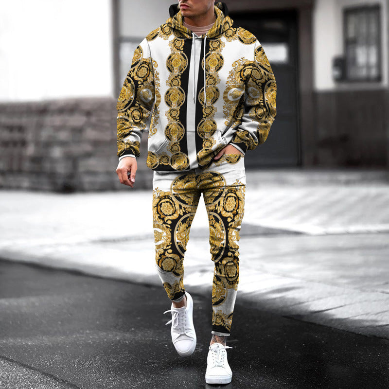 Men's Printed Hooded Pullover Sweatshirt Pants Set