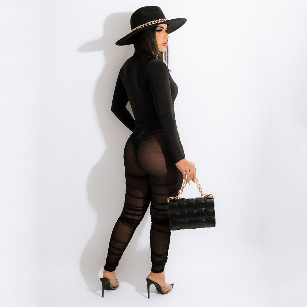 Sexy V-Neck Tight-Fitting Pleated Mesh Long-Sleeved Two-Piece Suit