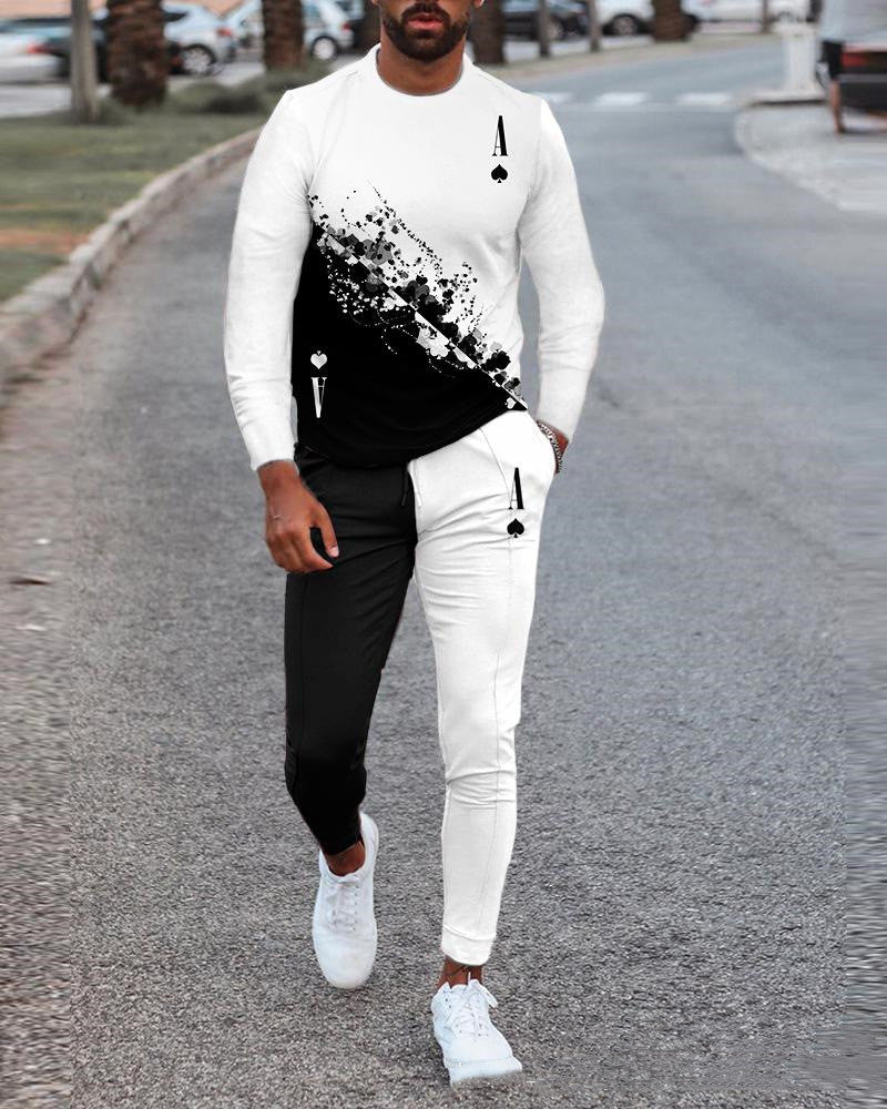 New Men's Round Neck Long Sleeve Sports Loose Two Piece Set