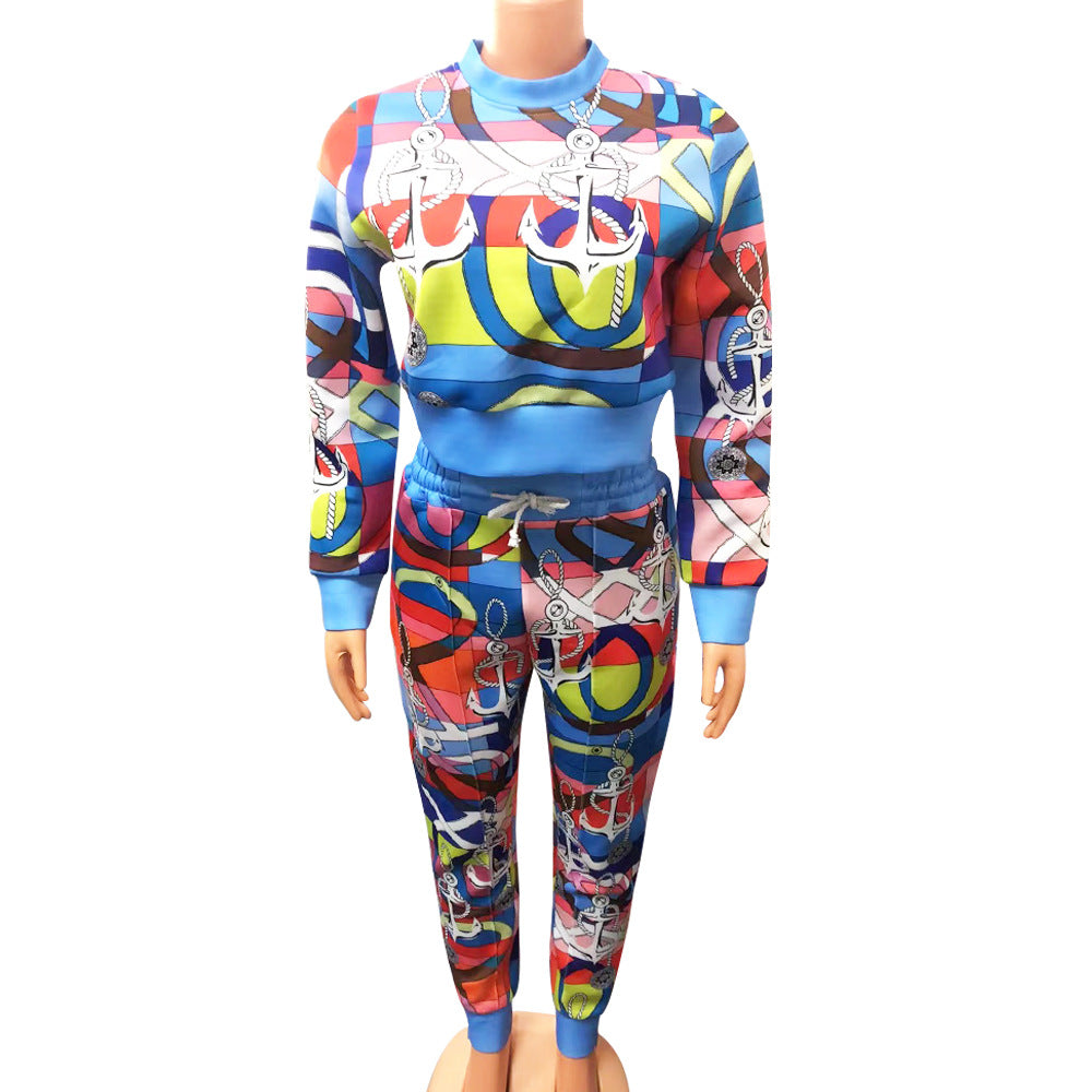 Fashion Casual Printed Long Sleeve Two Piece Suit