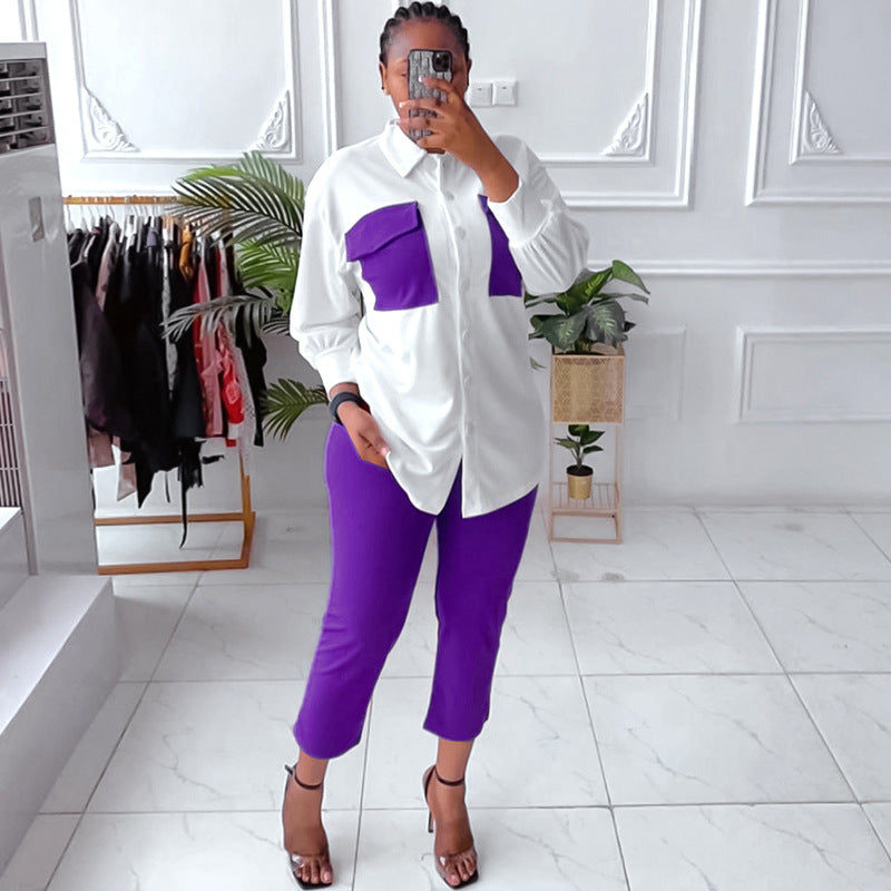 Two Piece Solid Color Shirt Trousers Commuter Suit